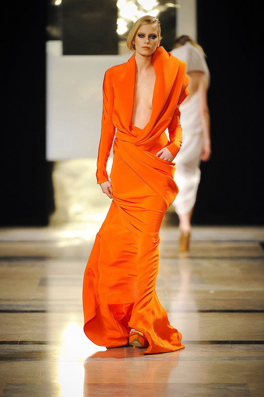Tangerine crÃªpe drap draped long dress.