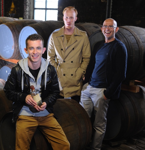 l-r Paul Brannigan William Ruane Gary Maitland The Angels’ Share cast at Lagavulin Distillery